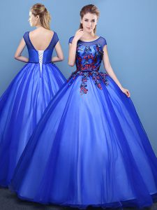 Excellent Scoop Royal Blue Cap Sleeves Floor Length Appliques Lace Up Sweet 16 Dress