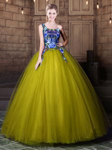 Spectacular One Shoulder Olive Green Sleeveless Tulle Lace Up Sweet 16 Dresses for Military Ball and Sweet 16 and Quinceanera