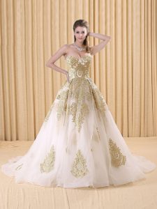 Luxury White Sleeveless Organza Sweep Train Lace Up Sweet 16 Quinceanera Dress for Military Ball and Sweet 16 and Quinceanera