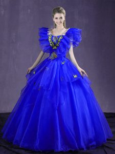Organza Sleeveless Floor Length 15 Quinceanera Dress and Appliques and Ruffles