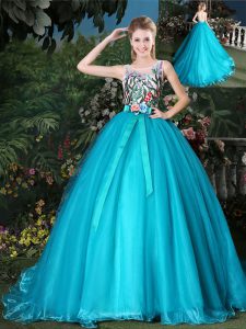 Teal Zipper Scoop Appliques and Belt Quinceanera Gown Organza Sleeveless Brush Train
