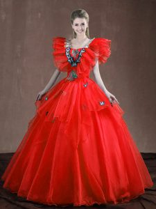 Floor Length Lace Up Quinceanera Dresses Red for Military Ball and Sweet 16 and Quinceanera with Appliques and Ruffles