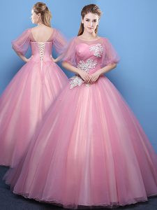 Captivating Scoop Pink Half Sleeves Appliques Floor Length 15th Birthday Dress