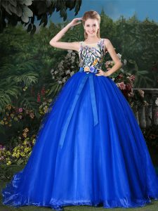 Scoop Royal Blue Zipper Quinceanera Gown Appliques and Belt Sleeveless Brush Train