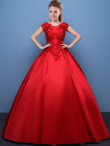 Scoop Floor Length Red Sweet 16 Dress Satin Cap Sleeves Appliques