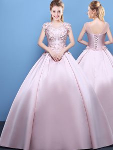 Scoop Appliques Quinceanera Dresses Pink Lace Up Cap Sleeves Floor Length