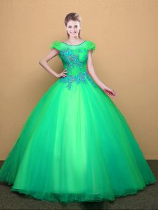 Delicate Floor Length Turquoise Quinceanera Dresses Scoop Short Sleeves Lace Up