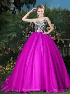 Free and Easy Scoop Sleeveless Organza Brush Train Zipper Quinceanera Gowns in Fuchsia with Appliques and Belt