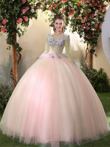Captivating Scoop Floor Length Peach Ball Gown Prom Dress Tulle Long Sleeves Appliques