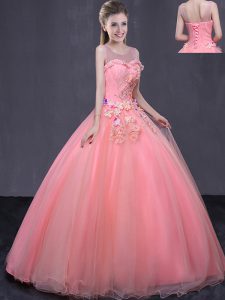 Fantastic Watermelon Red Tulle Lace Up Scoop Sleeveless Floor Length 15 Quinceanera Dress Beading and Appliques