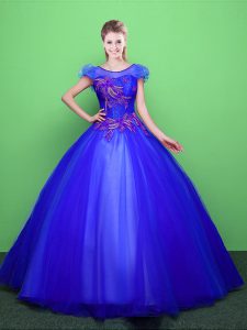 Blue Scoop Lace Up Appliques Quinceanera Dress Short Sleeves
