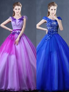 Adorable Short Sleeves Floor Length Lace and Appliques Lace Up 15th Birthday Dress with Purple