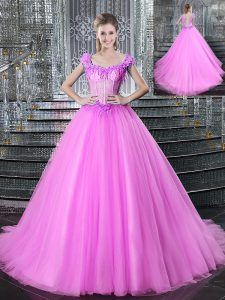 Nice Tulle Straps Sleeveless Brush Train Lace Up Beading and Appliques Sweet 16 Quinceanera Dress in Fuchsia
