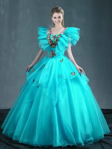 Aqua Blue Organza Lace Up Sweetheart Sleeveless Floor Length 15th Birthday Dress Embroidery