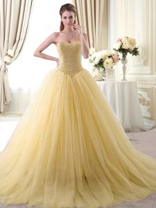 Decent Floor Length Gold Ball Gown Prom Dress Sweetheart Sleeveless Lace Up