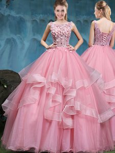 Baby Pink Quinceanera Dress Military Ball and Sweet 16 and Quinceanera with Lace and Appliques and Ruffles Scoop Sleeveless Lace Up