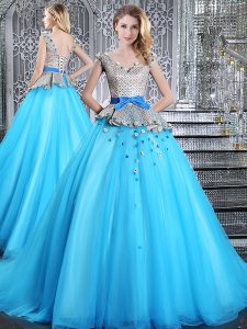Appliques and Belt Quinceanera Dresses Baby Blue Lace Up Sleeveless Brush Train