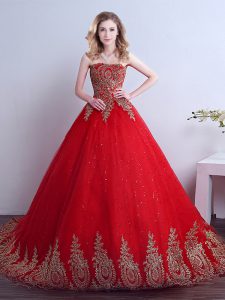 Noble Red Tulle Lace Up Strapless Sleeveless Quince Ball Gowns Court Train Appliques and Sequins