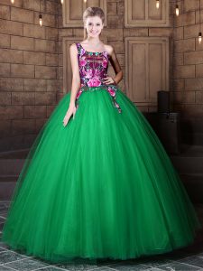 One Shoulder Green Sleeveless Pattern Floor Length Sweet 16 Quinceanera Dress