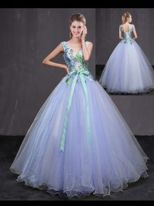 Affordable Lavender Quinceanera Gowns Military Ball and Sweet 16 and Quinceanera with Appliques and Belt Sleeveless Lace Up