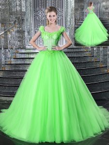 Straps Tulle Sleeveless With Train Quinceanera Dress Brush Train and Beading and Appliques