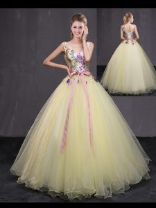 Shining Light Yellow Ball Gowns Tulle V-neck Sleeveless Appliques and Belt Floor Length Lace Up 15th Birthday Dress