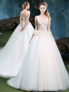 White Tulle Lace Up V-neck Sleeveless With Train Quinceanera Dresses Brush Train Appliques