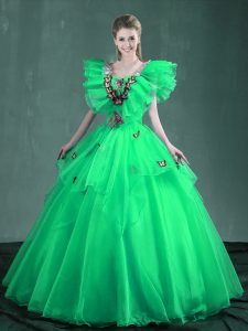 Fine Turquoise and Apple Green Ball Gowns Square Sleeveless Organza Floor Length Lace Up Embroidery Sweet 16 Quinceanera Dress