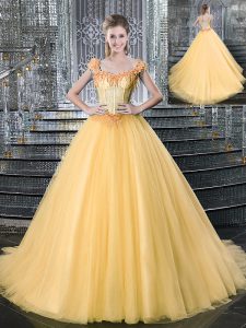 Straps Gold Ball Gowns Beading 15th Birthday Dress Lace Up Tulle Sleeveless With Train