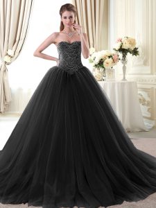 Inexpensive Sweetheart Sleeveless Lace Up 15th Birthday Dress Black Tulle