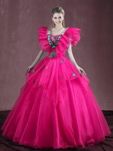 Floor Length Lace Up Quinceanera Dresses Hot Pink for Military Ball and Sweet 16 and Quinceanera with Appliques and Ruffles
