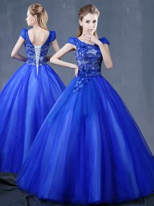 Suitable Royal Blue Organza Lace Up V-neck Short Sleeves Floor Length Quinceanera Dress Lace and Appliques