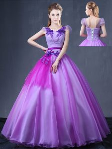 Charming Lavender Organza Lace Up Vestidos de Quinceanera Short Sleeves Floor Length Lace and Appliques