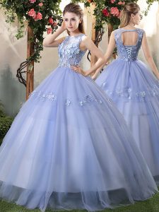 Modern Bateau Sleeveless Quinceanera Gowns Floor Length Appliques Lavender Tulle