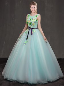Scoop Sleeveless Floor Length Appliques Lace Up 15 Quinceanera Dress with Apple Green