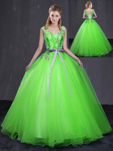 Tulle Lace Up 15th Birthday Dress Sleeveless Floor Length Appliques and Belt