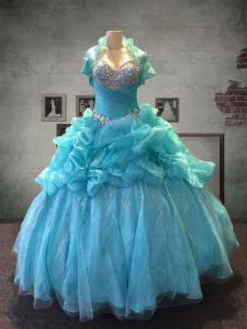 Modern Aqua Blue Organza and Tulle Lace Up Sweetheart Sleeveless Floor Length Sweet 16 Dress Beading and Pick Ups