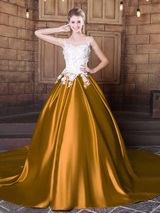 Gold Vestidos de Quinceanera Military Ball and Sweet 16 and Quinceanera with Lace and Appliques Scoop Sleeveless Court Train Lace Up