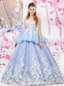 Scoop Sleeveless 15th Birthday Dress Floor Length Lace and Appliques Lavender Organza and Tulle