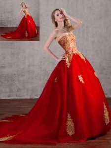 Court Train Ball Gowns Ball Gown Prom Dress Red Strapless Tulle Sleeveless With Train Lace Up