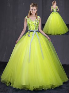 Floor Length Lace Up Quinceanera Gown Yellow Green for Military Ball and Sweet 16 and Quinceanera with Appliques and Belt