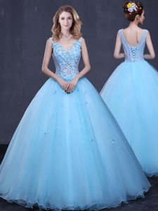 Wonderful Tulle V-neck Sleeveless Lace Up Lace and Appliques Quinceanera Gowns in Light Blue