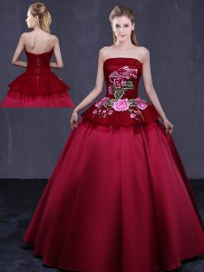 Embroidery Vestidos de Quinceanera Wine Red Lace Up Sleeveless Floor Length