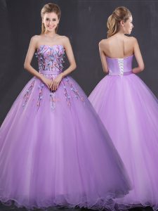 Charming Sleeveless Floor Length Appliques Lace Up Quince Ball Gowns with Lavender