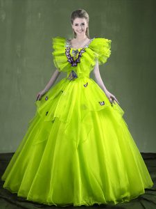 Most Popular Yellow Green Ball Gowns Organza Sweetheart Sleeveless Appliques and Ruffles Floor Length Lace Up Vestidos de Quinceanera