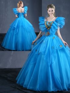 Edgy Floor Length Lace Up Vestidos de Quinceanera Baby Blue for Military Ball and Sweet 16 and Quinceanera with Appliques and Ruffles