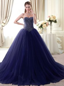 Affordable Navy Blue Ball Gowns Tulle Sweetheart Sleeveless Beading Floor Length Lace Up Vestidos de Quinceanera