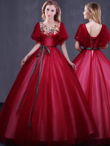 Elegant Scoop Wine Red Tulle Lace Up Quince Ball Gowns Short Sleeves Floor Length Appliques and Belt