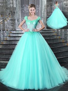 Straps Aqua Blue Sleeveless With Train Beading and Appliques Lace Up Quinceanera Dresses