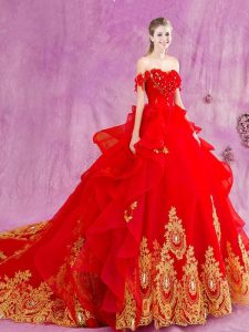 Custom Designed Off the Shoulder With Train Red Vestidos de Quinceanera Tulle Court Train Sleeveless Beading and Appliques and Ruffles